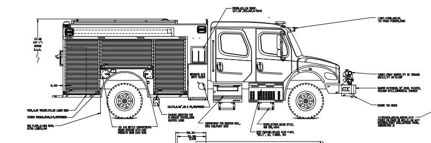 an engineering drawing of a Pierce Responder Pumper, showing the left side with 1250-d-750p, 20foam 2 side full height crosslays.